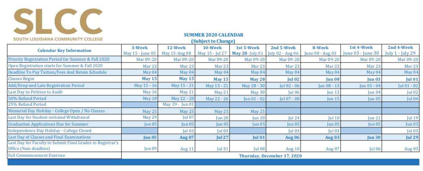 Summer 2020 Calendar